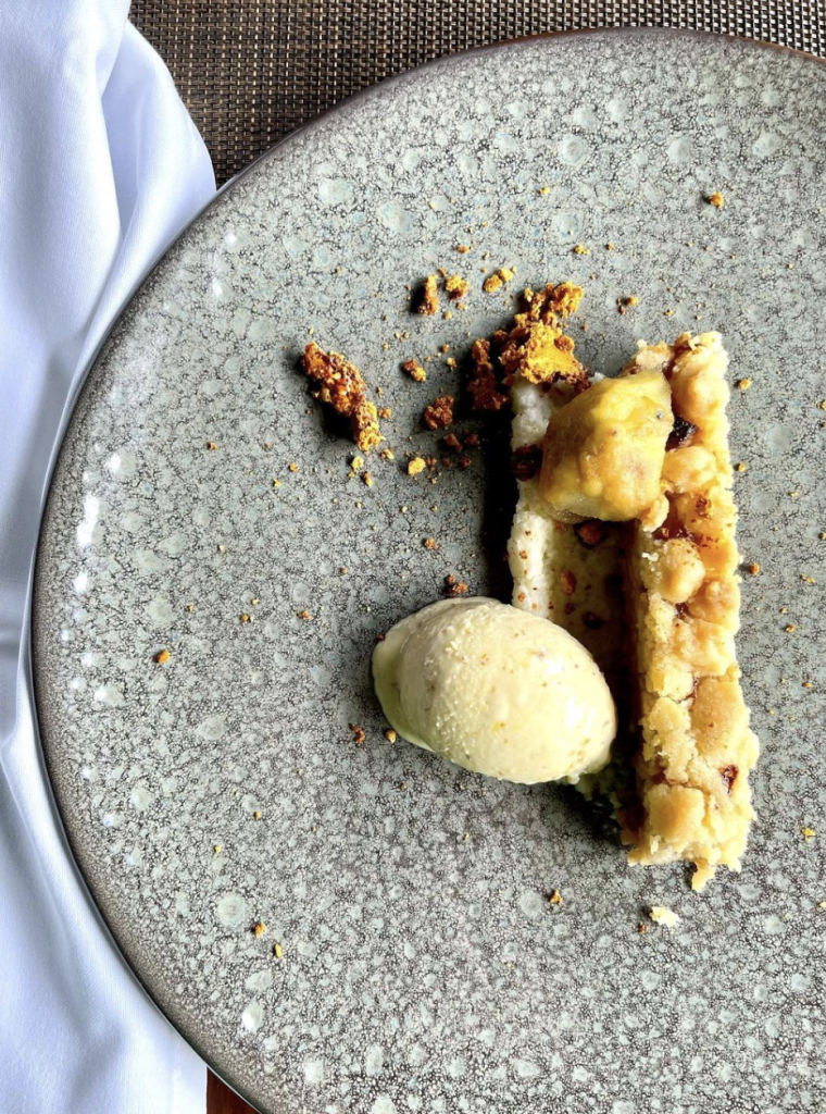 Basalt's apple & rhubarb crumble with honey roasted fig ice cream